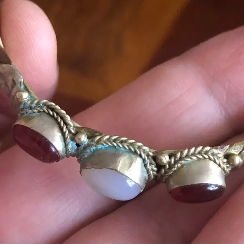 Vintage handcrafted genuine ruby and opaline cabochon stone twist metal bracelet